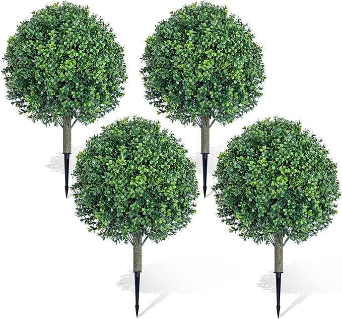 27" Artificial Boxwood Topiary Ball Fake Bushes-Trees UV Resistance shrubs Rated with Spike Easy to Push in The Ground.Plant Looks Great in a Planter Anywhere. Indoor/Outdoor Decor 4 Pack
