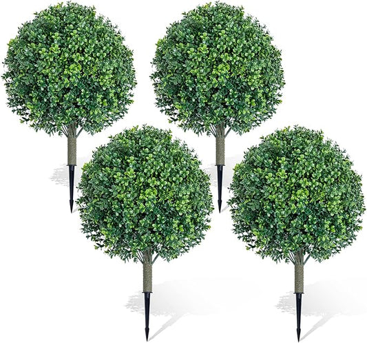 27" Artificial Boxwood Topiary Ball Fake Bushes-Trees UV Resistance shrubs Rated with Spike Easy to Push in The Ground.Plant Looks Great in a Planter Anywhere. Indoor/Outdoor Decor 4 Pack