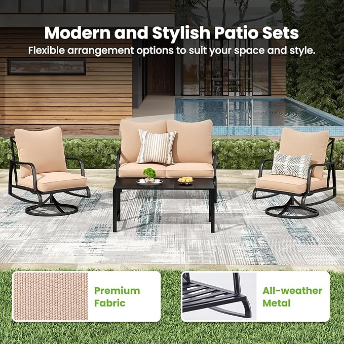 Soohow Patio Furniture Set, 4 Piece Outdoor Patio Furniture Set, 2 x Outdoor Swivel Chair, 1 x 2-Seats Sofa and 1 x Coffee Table, Metal Conversation Set for Porch, Balcony, and Backyard