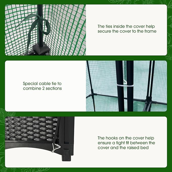 Onelike 64'' x 16'' x 55.5'' Plastic Raised Garden Bed with Greenhouse Cover and Trellis, Vertical Tomato Planters for Climbing Plants, Self Watering System Tomatoes Cage for Patio,Black,Large