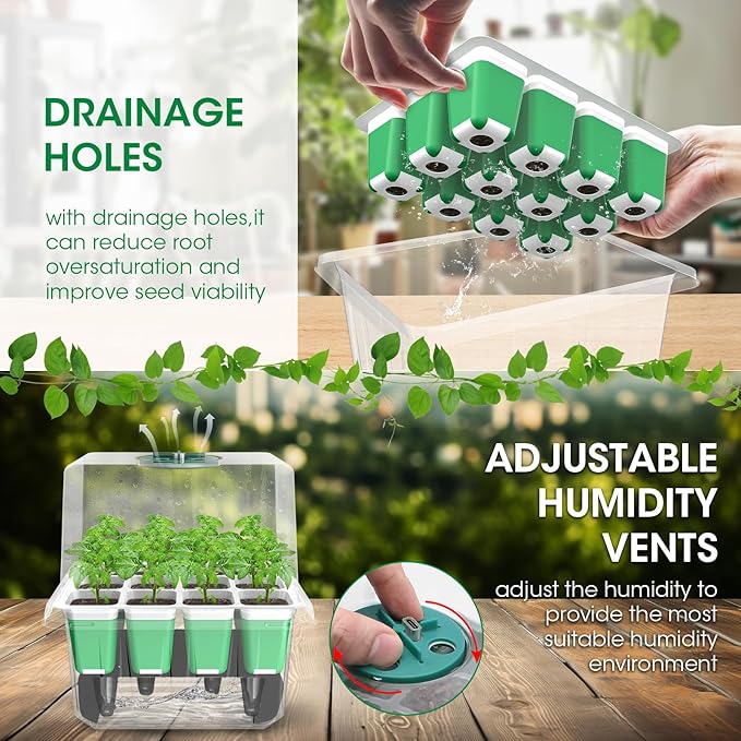 MQUPIN Self Watering Seed Starter Tray with Grow Light,5 Pack/60 Cells Seed Starter Kit with Timing,Humidity Domes,Thicken Tray, Heightened Lids for Greenhouse Seeds Growing Starting