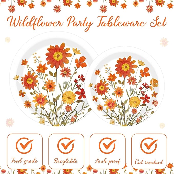 Mumufy 100 Pack Fall Floral Paper Plates 9" & 7" Disposable Autumn Orange Wildflower Cake Dessert Plates Watercolor for Dinner Harvest Wedding Baby Shower Birthday Fall Tea Party Decoration Supplies