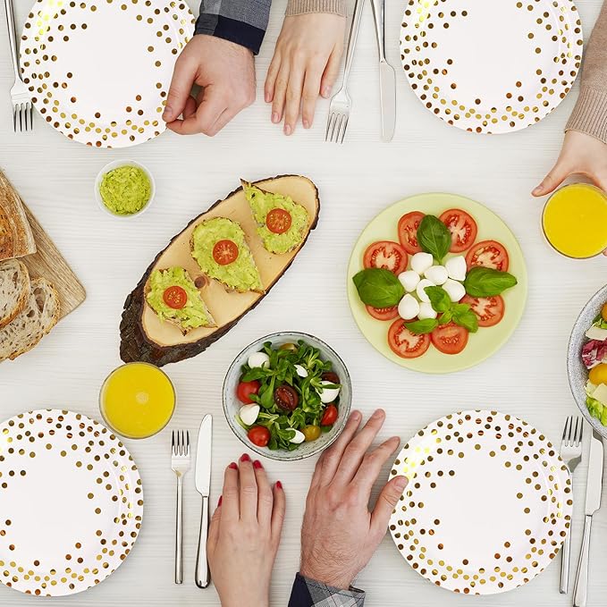 150PCS Paper Plates and Napkins Set - White and Gold Dot Disposable Party Dinnerware Includes Paper Plates, Napkins, Forks Decorations for Birthdays, Graduations, Weddings and Holidays, Serves 50