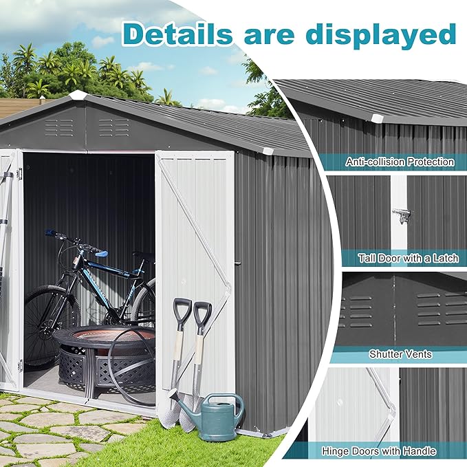 Sheds & Outdoor Storage 12 ft × 10 ft Storage Shed Large Classic Apex Roof Metal Garden Storage Sheds with Hinged Door Tool Cabinet for Backyard, Patio, Poolside, Gray