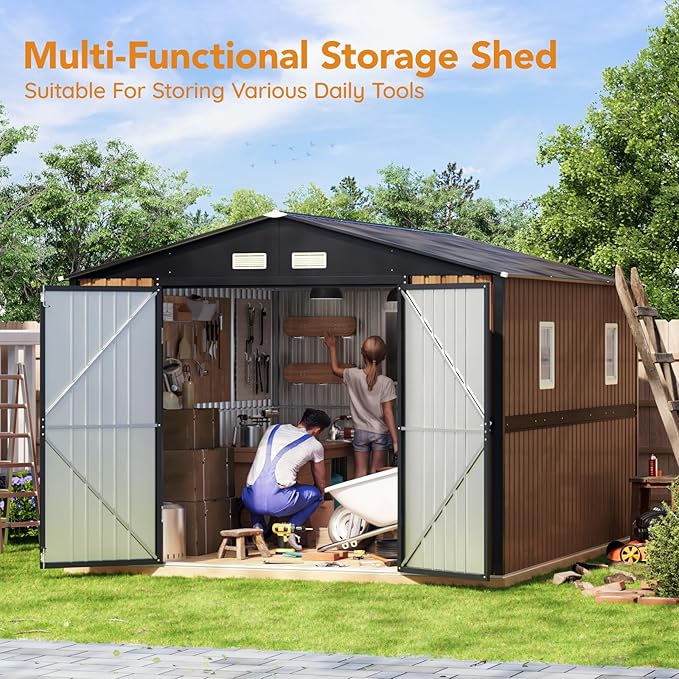 10X12 FT Outdoor Steel Storage Shed with Lockable Doors, 2 Windows, Garden Shed with Metal Frame Floor, Ideal for Backyard, Patio Storage,Chicken Coop(Wood Panels Not Included)