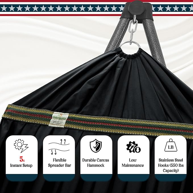 Tranquillo Uniki Collapsible Hammock, Folding Camping Hammock and Stand, 550 lbs Capacity Hammock with Stand, Heavy Duty Folding Hammock for Indoor Outdoor, Black