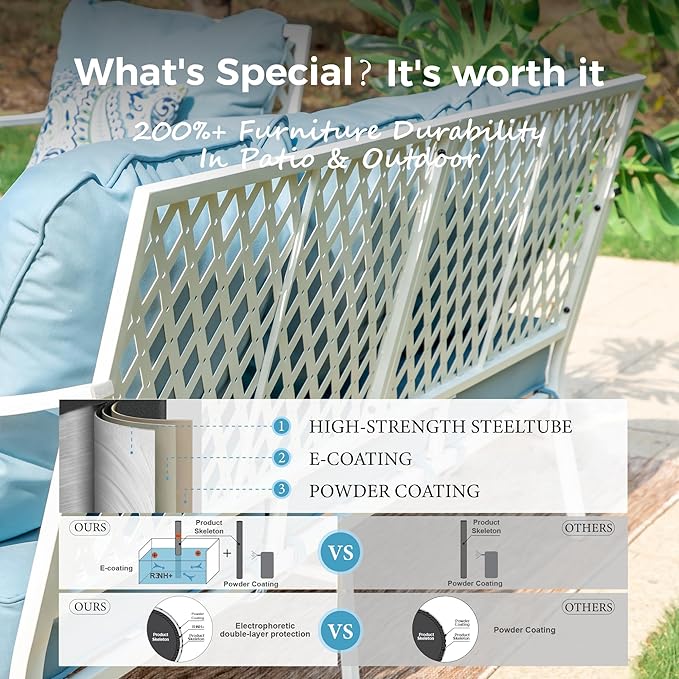 4 Piece Patio Furniture Set, 2 x Swivel Chair, 1 x 3-Seat Sofa with Marbling Coffee Table, All Cushioned 5 Seats Outdoor Conversation Set for Lawn Garden Backyard, Blue