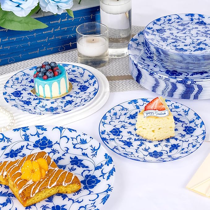 60 PCS Blue Plastic Plates - Blue Floral Plates - Disposable Decorative Plate Sets Include 30 Dinner & 30 Dessert Plate for Wedding Birthday Party Supplies