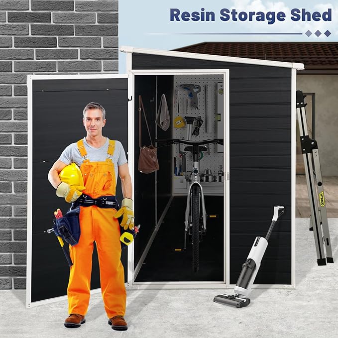 8x4ft Lean to Shed, Resin Outdoor Storage Shed with Floor and 2 Windows, Plastic Sheds & Outdoor Storage Clearance for Patio Furniture, Garden Tools Bike Accessories, Beach Chairs