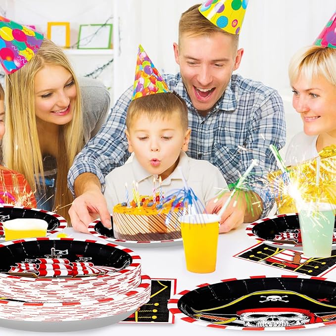 96Pcs Pirate Birthday Party Decorations Pirates Treasure Plates and Napkins Tableware Set Red Gingham Pirate Decorations for Kids Adult Baby Shower Halloween Skull Birthday Party Supplies Serves 24 ﻿