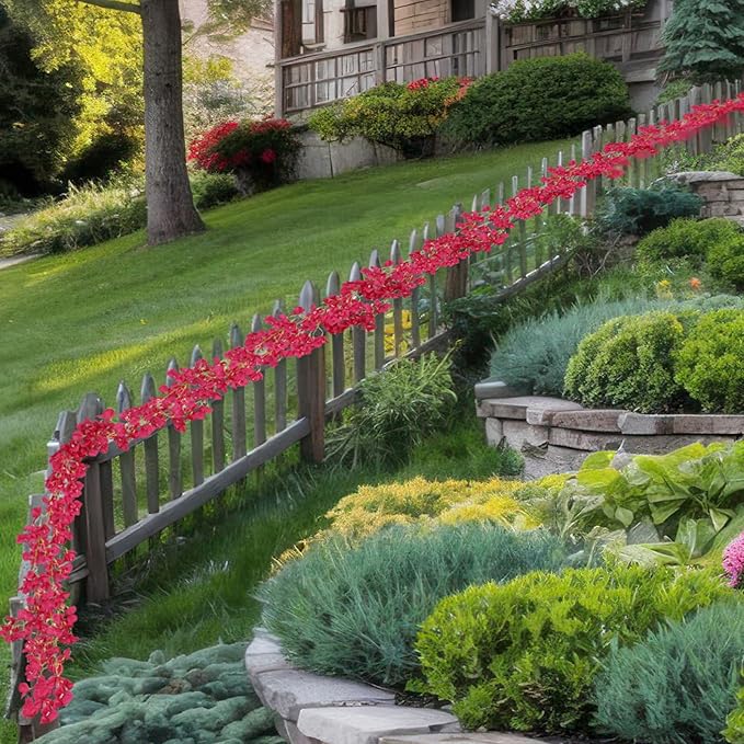 2 Pcs Artificial Bougainvillea Flowers Garland Fake Silk Bougainvilleas Vines Trailing Rose Red Faux Hanging Flowers Plants Bougainvillea Artificial for Porch Wedding Arch Spring Summer Decor