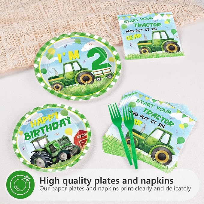 Grencian 96Pcs Tractor Birthday Decorations for Boys Farm Tractor 2nd Birthday Plates and Napkins Tableware Sets Tractor Lawn Party Decorations for Baby Shower Two Years Old Party Supplies Serves 24