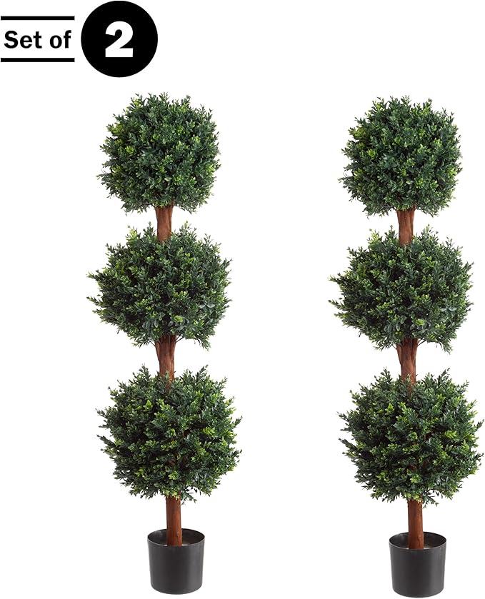 Pure Garden Set of 2 Artificial Trees - 5FT Hedyotis Topiary Fake Plants in Weighted Pots - Faux Plants for Indoor Display or Front Porch Decor