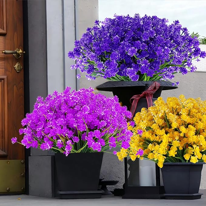 Artificial Fake Flowers, 16 Bundles Outdoor UV Resistant Greenery Shrubs Plants Indoor Outside Hanging Planter Home Garden Decorating (Magenta-Daffodil)