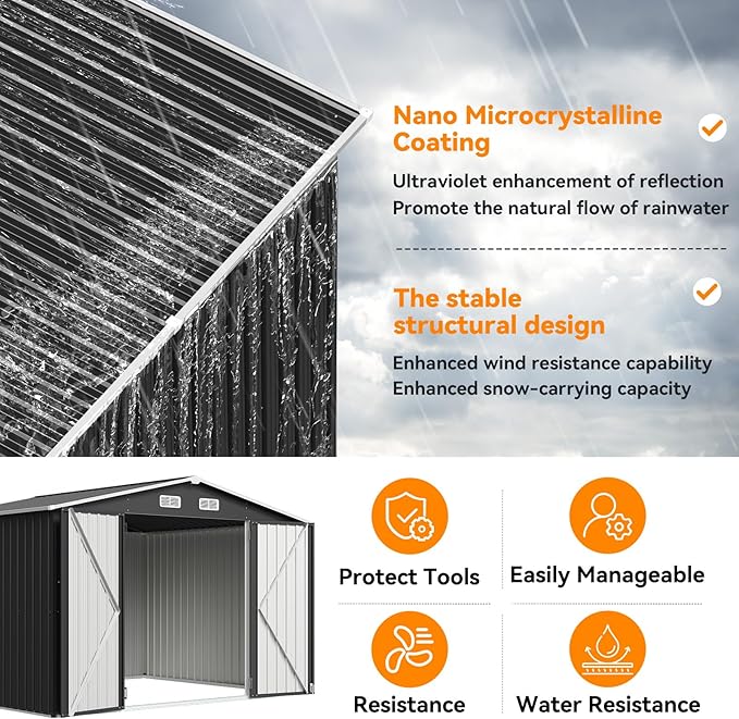 10x8FT Outdoor Storage Shed, Metal Garden Shed with Lockable Double Doors & Sloping Roof, Weather-Resistant Tool Shed for Backyard, Patio, Poolside Black