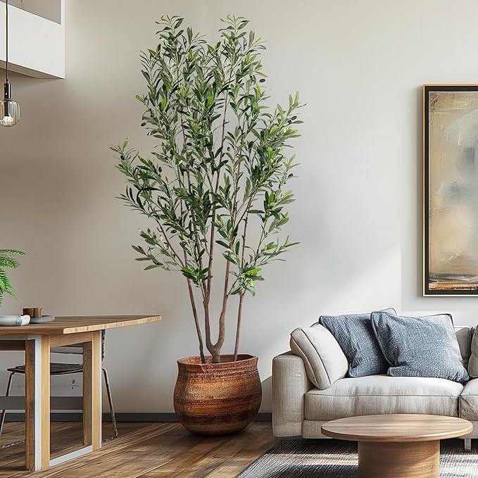 7FT Artificial Olive Tree Tall Faux Silk Plant Tall Faux Olive Tree with Natural Wood Trunk & Lifelike Fruits Fake Potted Tree or Home Office Decor