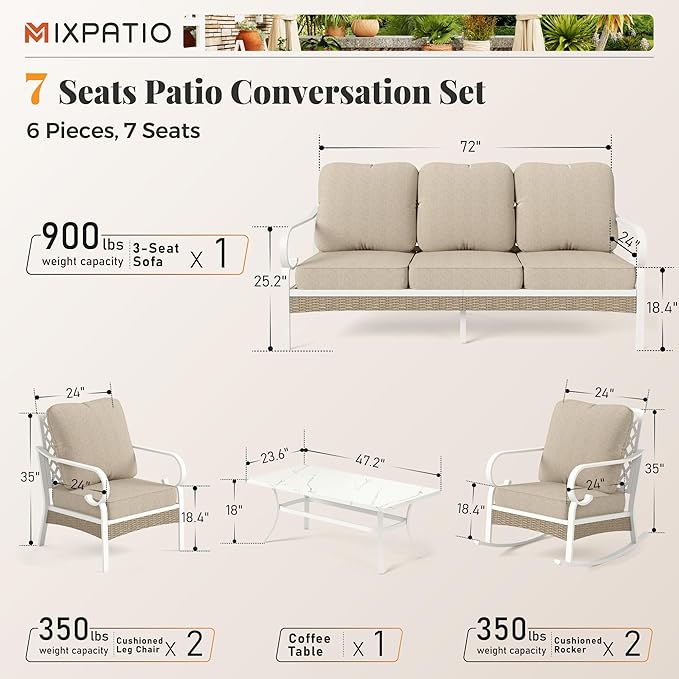 6 Piece Patio Furniture Set, 2 x Fixed Chair, 2 x Rocking Chair, 1 x 3-Seat Sofa with Marbling Coffee Table, All Cushioned 7 Seats Outdoor Conversation Set, Beige