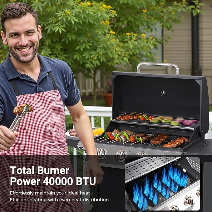 4-Burner Propane BBQ Grill, Stainless Steel Outdoor Gas Grill with 40,000 BTU, Porcelain-Coated Grates and Foldable Side Shelves, Perfect for Patio & Backyard Cooking