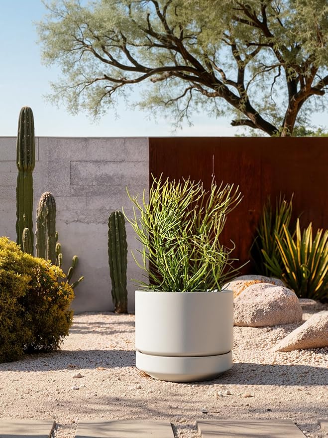 LE TAUCI Large 14 Inch Plant Pot with Saucer | Ceramic Outdoor & Indoor Big Planter Pot | Drainage Hole, Mesh Pad & Plug | Unglazed Porous | Modern Minimalist for Home and Patio – Chalk White
