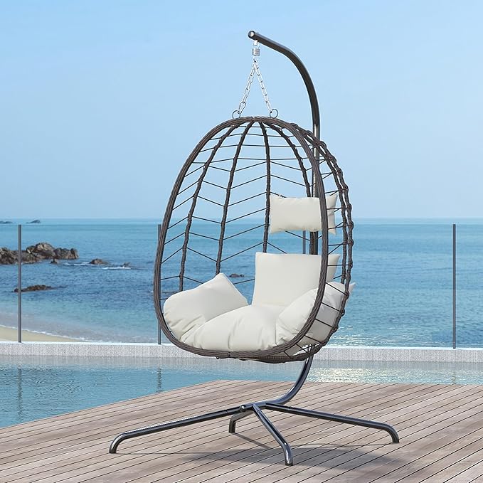 Hanging Egg Chair with Stand, Swinging Egg Chair Outdoor Indoor, Hanging Basket Chair with Cushion, Patio Wicker Hammock Chair 350lbs Capacity for Bedroom, Balcony, Backyard, Garden (Beige)