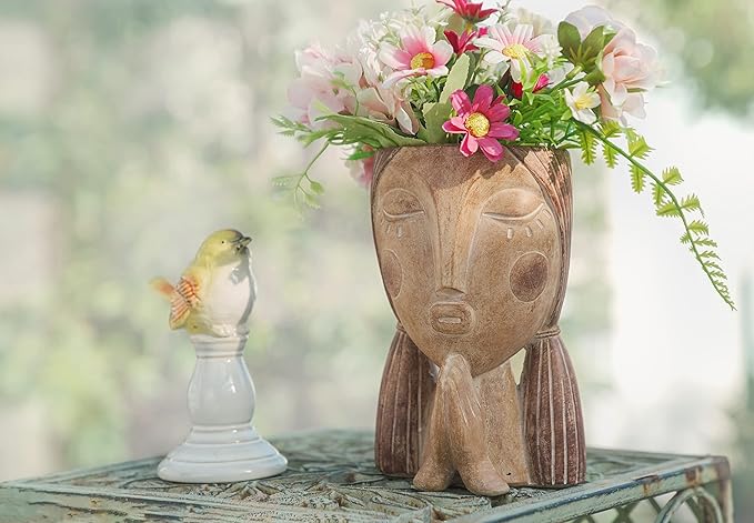 Face Planter Pots with Drainage Hole, Resin Head Planters for Indoor Plants Flower Plant Pots Succulent Pot, Cute Girl Face Planter Gifts for Lover-Praying