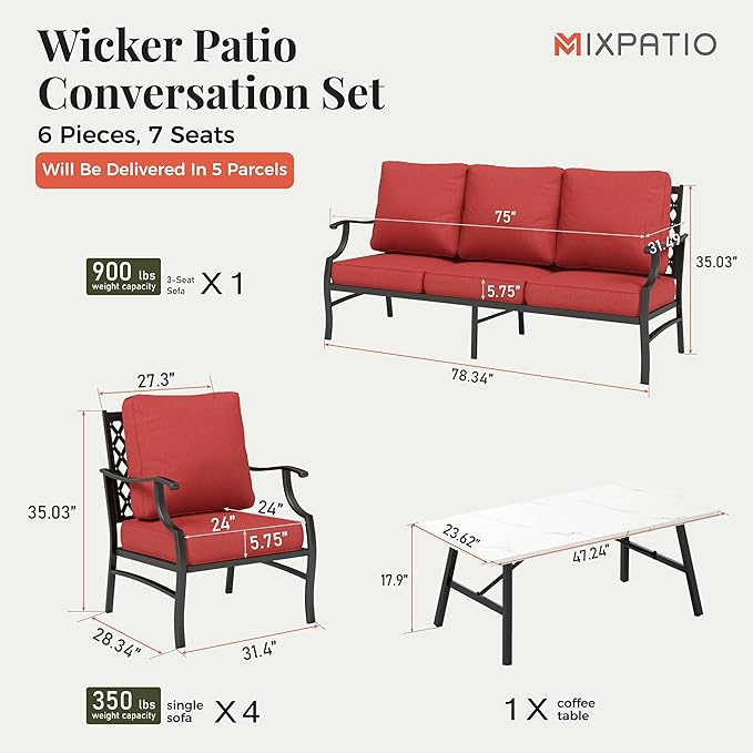 Patio Furniture Set 6 pcs, Outdoor Patio Furniture, 1 X 3-Seat Sofa, 4 X Single Chairs, 1 X Coffee Table and 5.75" Extra Thick Cushion, Patio Conversation Set,Red