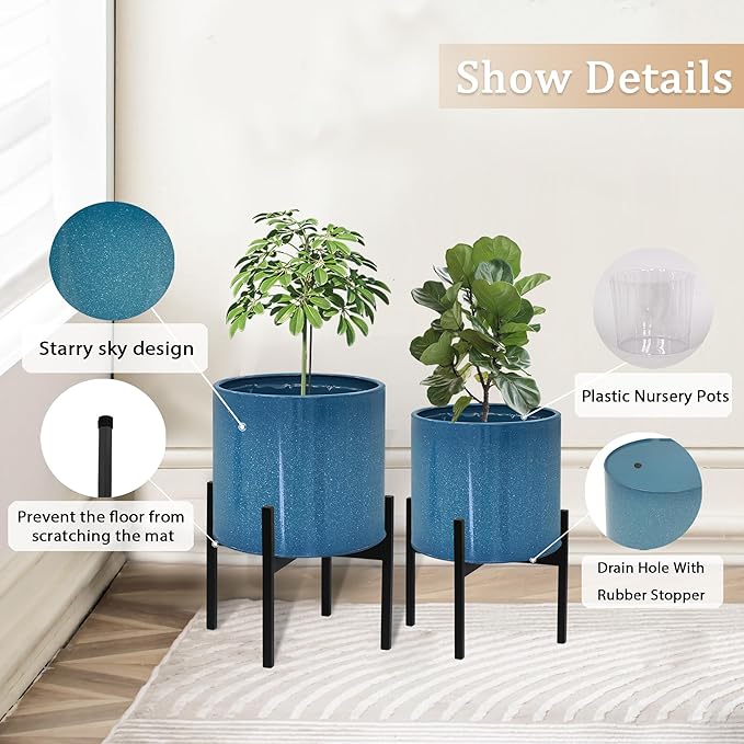 ARNIS Modern Plant Pots, Set of 2 Large Planters with Stand, Decorative Planters, Metal Pots with Drainage Holes for Living Room, Office, Garden or Balcony, 8.25 &10.5 Inch, Blue