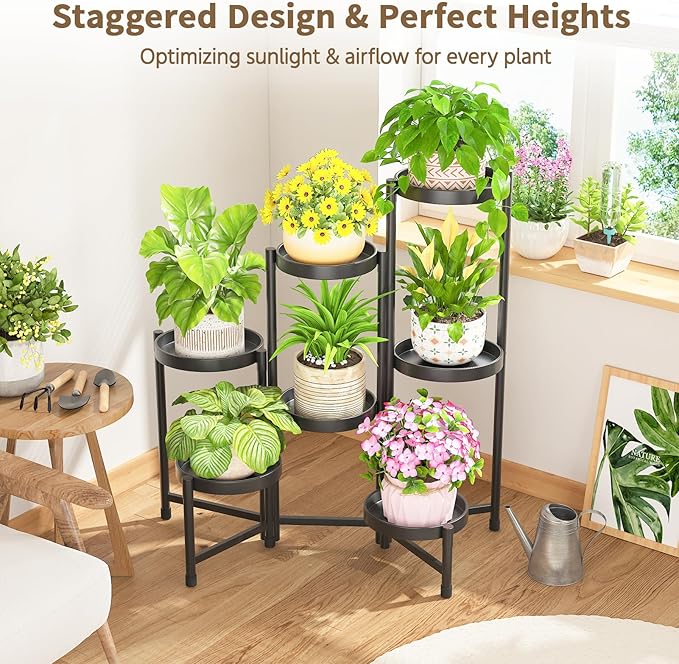 LASZOLA 7 Tiered Folding Plant Stand Indoor for Multiple Large Planter, Tall Heavy Duty Adjustable Rack with Rust Proof 10 Inch Wide Tray, Sturdy Vertical Tree Organizer for Narrow Inside Floor, Black