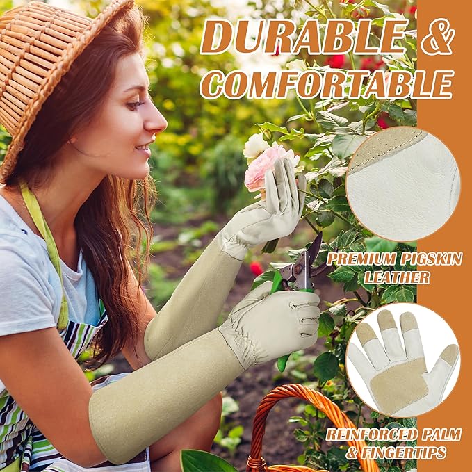 Rose Pruning Gloves for Men & Women, Long Thorn Proof Gardening Gloves, Breathable Pigskin Leather Gauntlet, Best Garden Gifts & Tools for Gardener