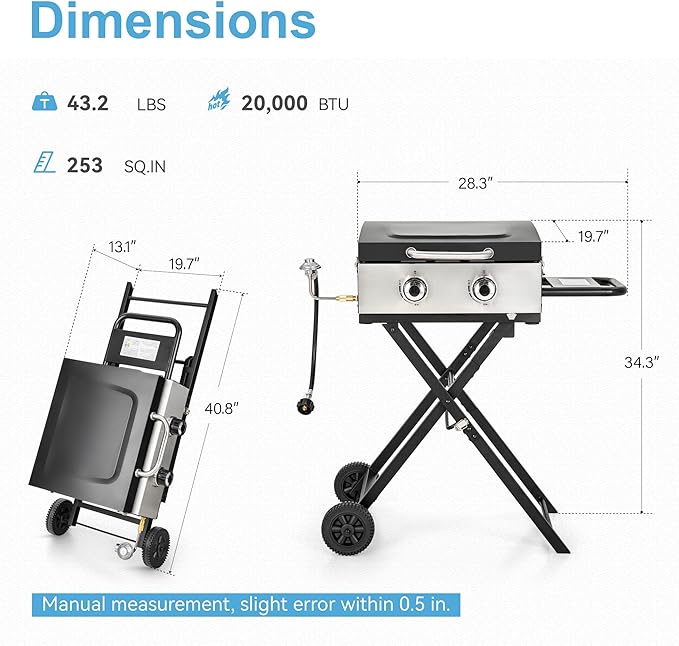 GREEN PARTY 2 Burner BBQ Propane Gas Griddle with Collapsible Stand, 18 Inch Portable Griddle with Side Table & 253 Sq. In. Cooking Area, Flat Top Gas Grill for Outdoor Cooking Garden Patio Backyard