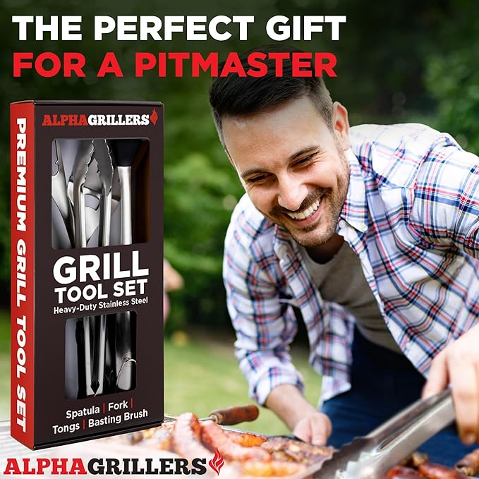Alpha Grillers Grilling Accessories - Grilling Gifts for Men - BBQ Accessories Grill Tools Set with Spatula, Fork, Brush & Tongs - Outdoor Barbecue Utensils Gifts for Men Dad Him Boyfriend