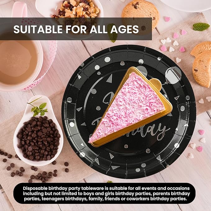 75PCS Happy Birthday Paper Plates - 7 Inch Black Sliver Dot Paper Plates and 6.5 Inch Napkins with 6.3 Inch Sliver Forks Disposable Tableware Set for Birthday Party Decorations, Serve 25