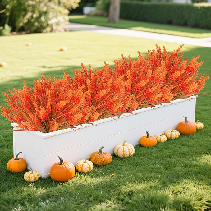 12 Bundles Artificial Fall Flowers for Outdoors Fake Fall Lavender Flowers UV Resistant Plastic Faux Fall Plants for Home Porch Autumn Fall Decorations (Orange)