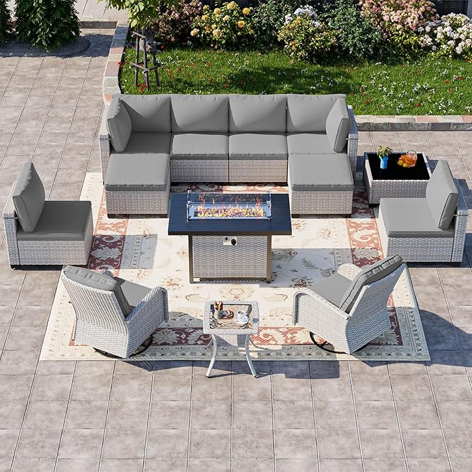 13-Piece Patio Furniture Set, Outdoor Patio Furniture with Swivel Chairs Set, Ottomans, 55,000 BTU Fire Pit Table, Modular Patio Sofa, Dual-Strand Wicker Rattan, Rust-Resistant Frame, Grey
