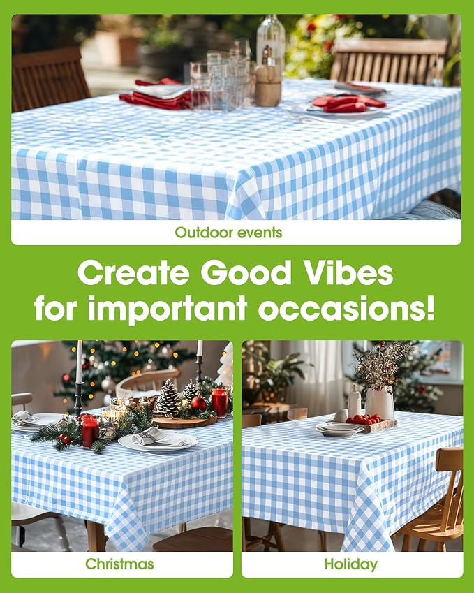 Pureegg Plastic Table Cloth Disposable 8 Pack, 54 x 108 Inch Table Cloths, Party, Picnic, Decorative Gingham Tablecloths, Rectangle, Blue and White Checkered Cover, Leakproof & Sturdy, Blue Plaid