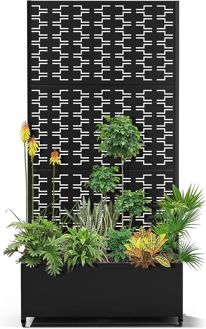 15.7"×70.9"×35.4" Metal Raised Garden Bed with Trellis and Wheels - Tall Trellis Planter Box for Climbing Plants, Vegetables & Vines - Outdoor Privacy Planters for Patio (Black-Brick)
