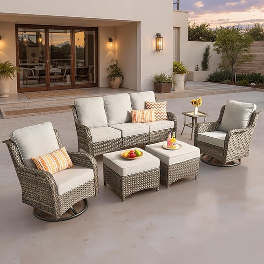 ovios 6 Pieces Patio Furniture Set, Outdoor Wicker Sofa Couch with Swivel Chairs Ottomans Comfy Cushions, All Weather High Back Modern Conversation Sets, Grey Rattan, Grey