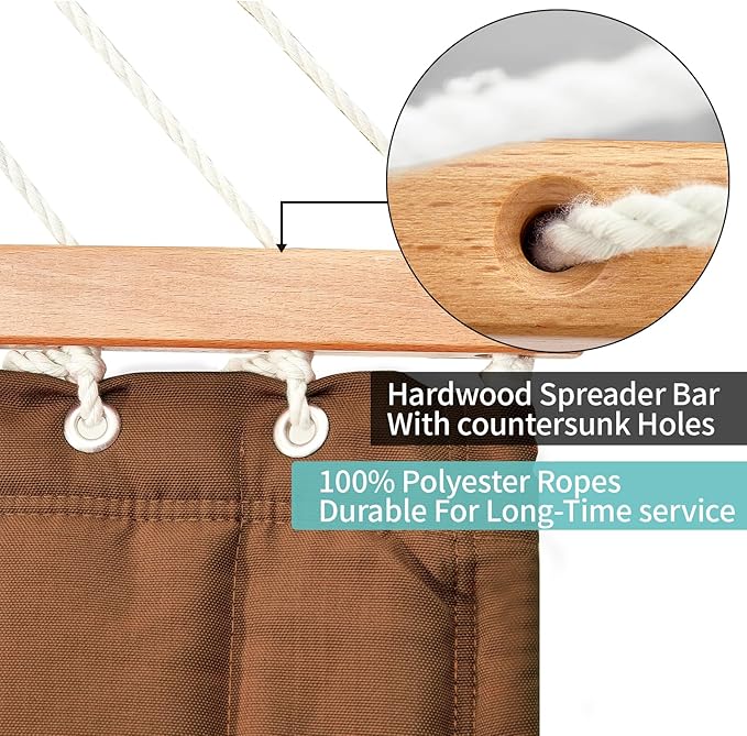 Double Quilted Fabric Hammock with Hardwood Spreader Bars and Pillow 450 LBS Capacity 2 Person Large Hammock for Outdoor Patio Backyard Poolside - Brown