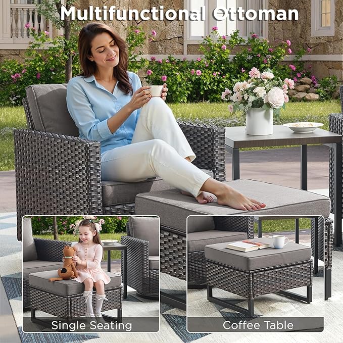 6 Pieces Patio Furniture Set-All Weather Outdoor Swivel Rocker Patio Chairs with 3-Seat Section Couch and Rattan Coffee Table Outdoor Conversation Sets for Garden Backyard Deck(Brown/Grey)