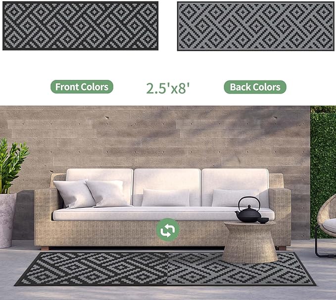 GENIMO Outdoor Rugs 2.5x8 Waterproof, Reversible Mats, Outdoor Area Rug, Plastic Outside Carpet, Eeometric Rv Mat for Patio Camping Rv Picnic Backyard Deck Balcony Porch Beach (Black & Grey)