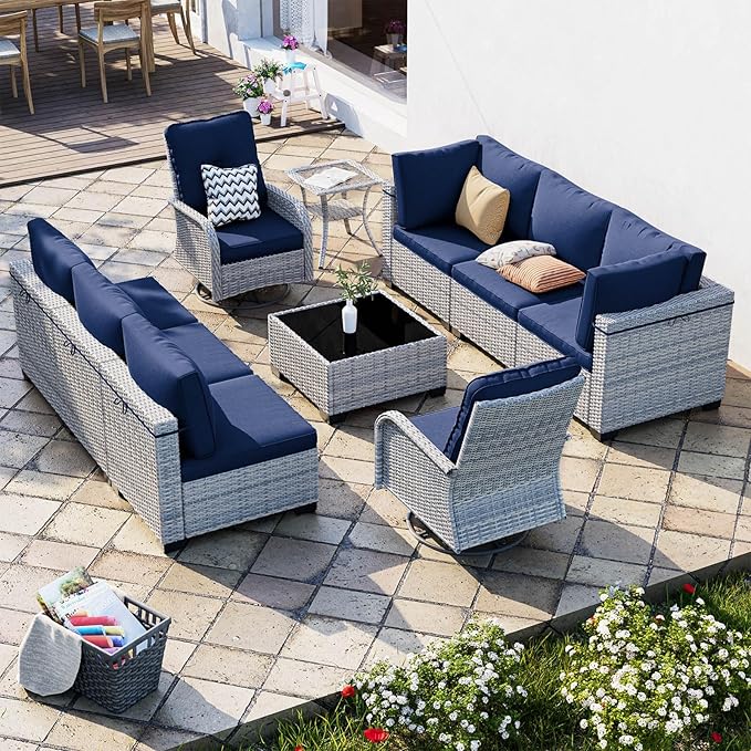 10-Piece Modern Patio Furniture Set with Swivel Chairs, Thick Cushions, Dual-Strand Wicker Rattan, Rust-Resistant Frame, Navy Blue