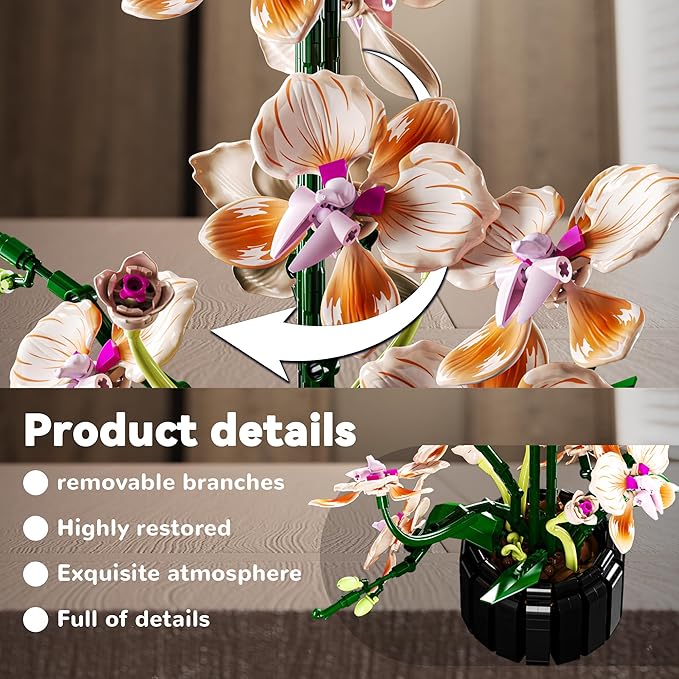 Orchid Building Sets Artificial Flowers Plant Gifts for Her Adults Girls Botanical Collection for Home Kitchen Desk Decor