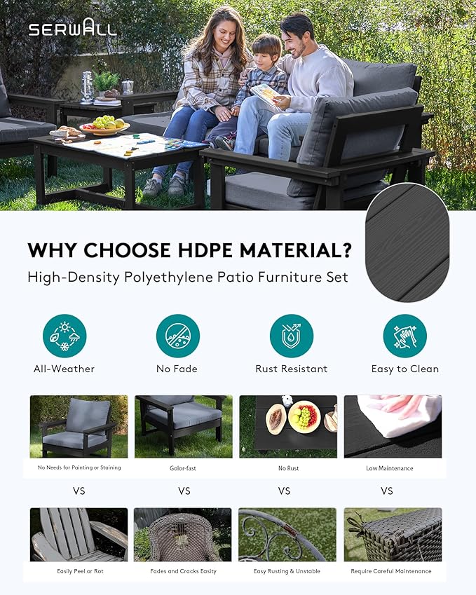 SERWALL HDPE Patio Furniture Set with 15FT Double Side Patio Umbrella, 7-Piece Outdoor Modular Sectional Sofa Set, All Weather Patio Couch Set for Deck, Black & Grey(Umbreall Base not Included)