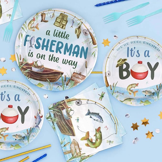 96 Pcs Fishing Baby Shower Party Decorations for Boy Gone Fishing Plates and Napkins A Little Fisherman is on The Way Party Decorations for Boys O Fishally 1st Birthday Favors Serves 24