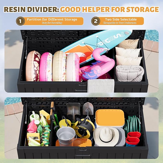 Flamaker Resin Deck Box 250 Gallon, Waterproof Imitation-Wood Lockable Storage Box with Separator Plate Outdoor Indoor, Garden, Patio Furniture for Tools&Pool Accessories (Black)