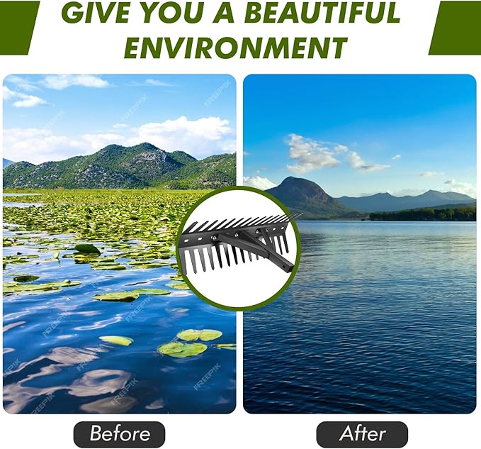 Pond Rake, Weed Removal Tool, Steel Blades 32 inch Aquatic Weed Rake, Double Sided Lake Weed Cutter, Clean Aquatic Weeds Muck Silt Lake Rakes, 30ft Thicker Rope, Black.