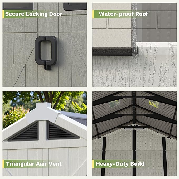 Greesum 10×16 FT Plastic Outdoor Storage Shed with Floor and Lockable Door, Resin Sheds with Windows and Skylights, Weather Resistant Organization for Garden, Lawn, Pool Supplies, Beige