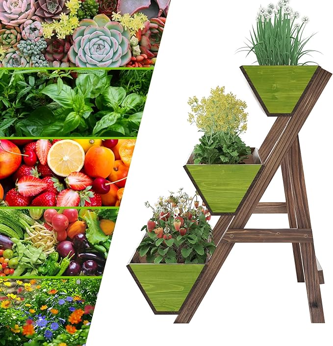 3-Tiers Wooden Raised Garden Bed Tiered Planter Box Vertical Garden Planter Wood Plant Stand for Patio, Balcony, Freestanding (Carbonized L)