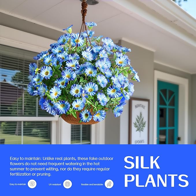 Artificial Flowers Fake Flowers Plants 13.3in Artificial Morning Glory Silk Flowers Uv Resistant Artificial Outdoor Plants 8PCS for Yard Decorations Outdoor(Blue)