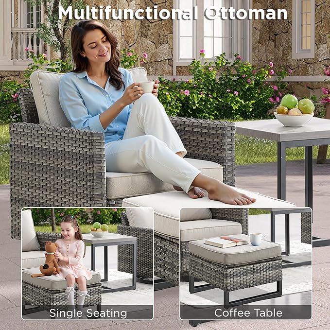 6 Pieces Patio Furniture Set-All Weather Outdoor Swivel Rocker Patio Chairs with Deep Seat Sofa Ottomans and Glass Side Table, Outdoor Conversation Sets for Garden Backyard Deck(Grey/Beige)